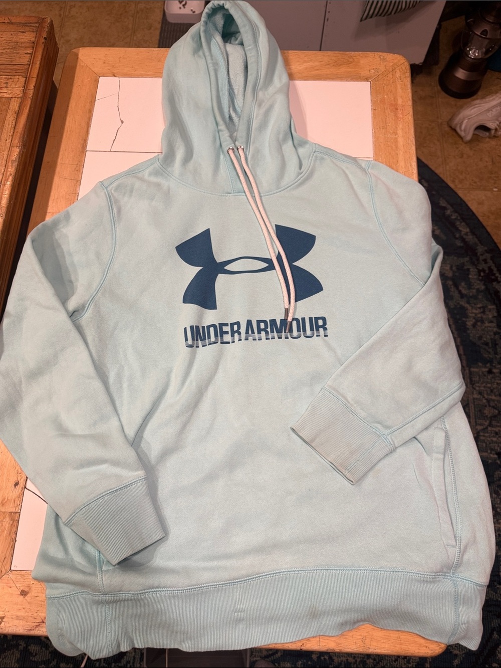Under Armour Men’s Light Aqua Crewneck Hoodie with Navy Logo